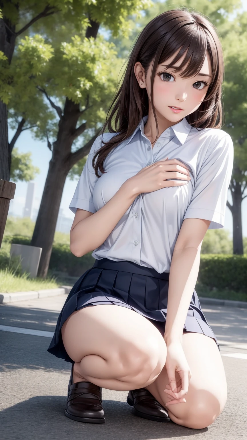 8K quality、High resolution、Realistic skin texture、High resolutionの瞳、A woman with a mature appearance、Japanese summer high school girls uniform、Princess Hair、thin、Realistic Female Genitalia、Small breasts、Realistic tongue、Small breastsの谷間、Brown Hair、thin脚、Sweating profusely、Sweat accumulates in the chest、Evening schoolyard、Bare feet、Shoot the whole body while running