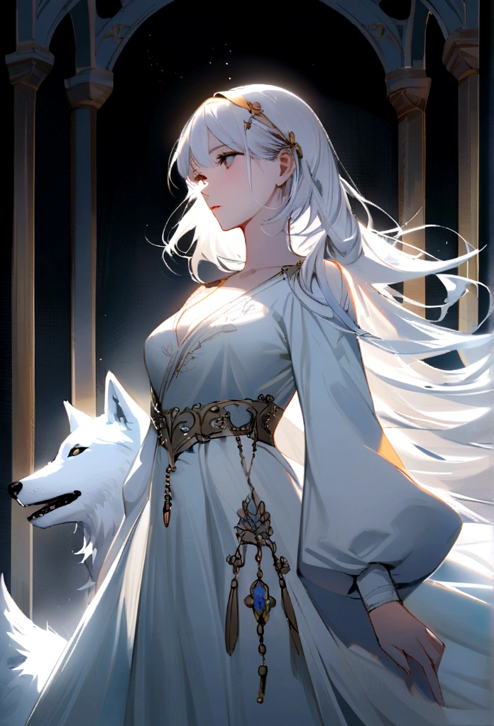 Create a stunning oil painting of a girl with long white hair with a man and her white wolf, the atmosphere is serene aesthetically