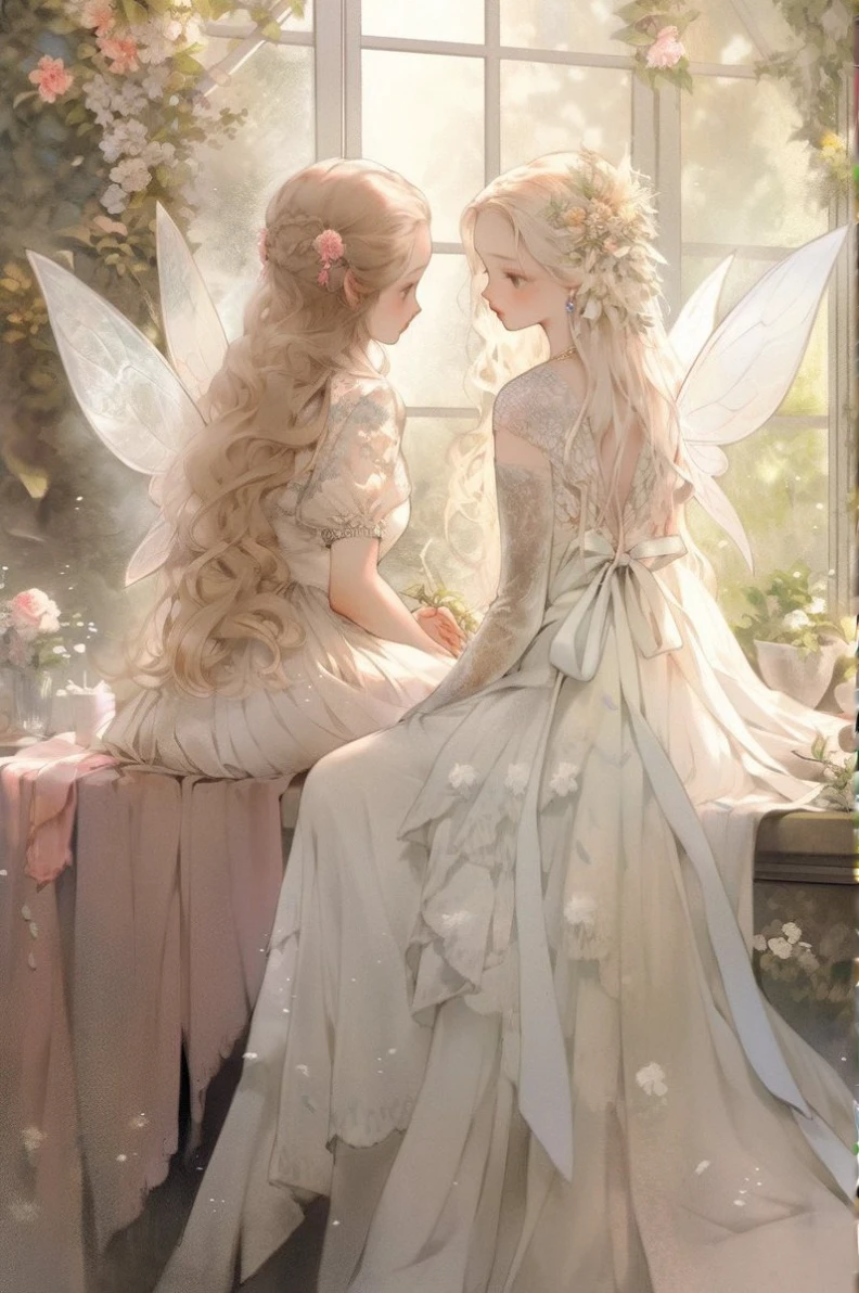 Create a serene and enchanting scene featuring two fairy-like girls sitting on a windowsill in a sunlit room filled with blooming flowers. Both girls have long, flowing hair adorned with delicate flowers. They wear ethereal, flowing dresses in soft pastel colors, with intricate lace details and ribbon ties. Their translucent wings catch the light, giving a magical glow. The room is bathed in soft, natural light streaming through large windows, with greenery and flowers framing the window. The girls are sitting close together, engaged in a tender, intimate conversation, creating a warm and peaceful atmosphere, a fluffy watercolor painting of a serene landscape