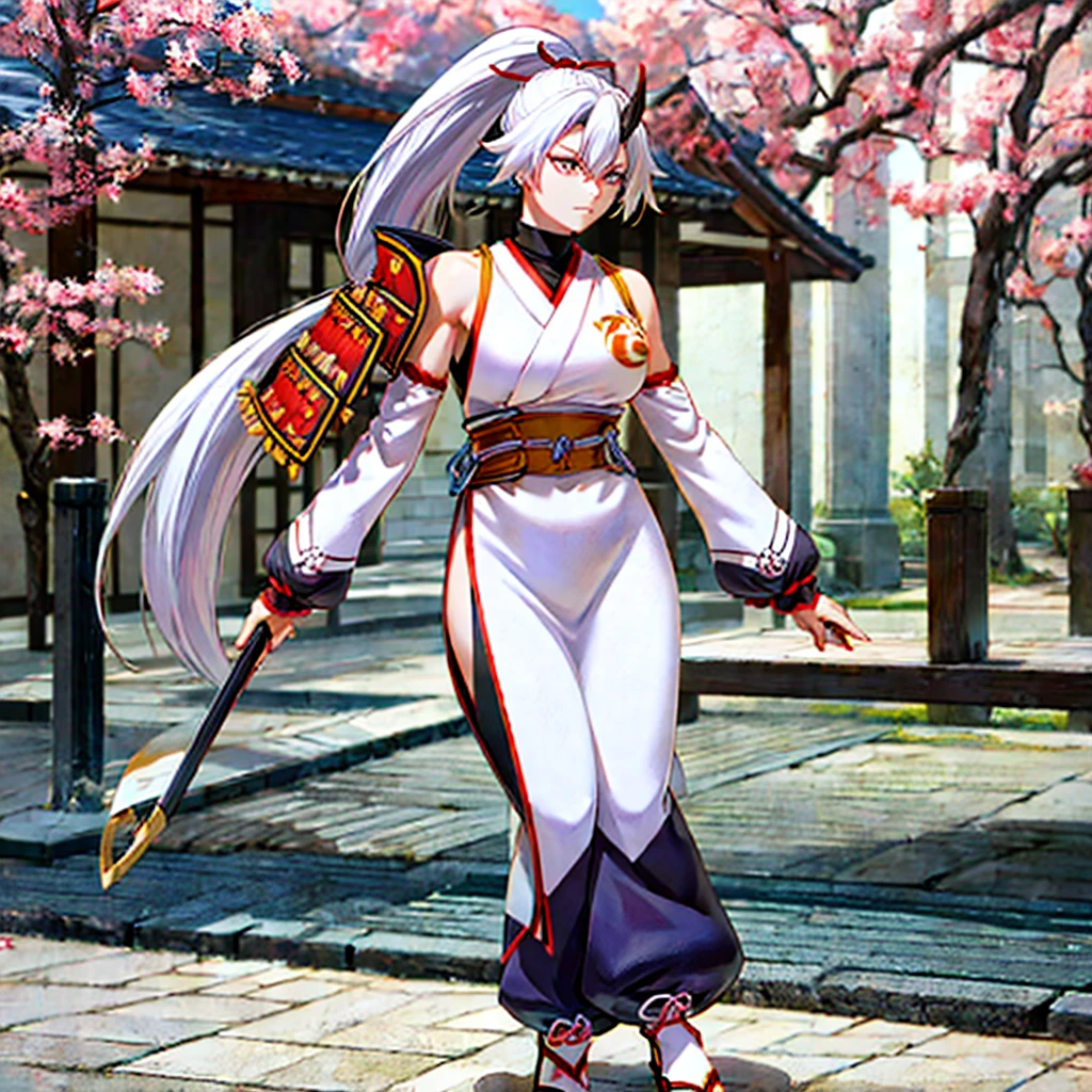 a woman wearing a white sleeveless samurai shirt, an orange samurai shoulder pad, dark blue samurai pants, white hair, ponytail hair, orange eyes, walking in an open area with a concrete floor, several sakura trees in the background, sakura leaves spreading around the place.HDR, ultra resolution, well defined, masterpiece, 8K HD. (solo woman)
