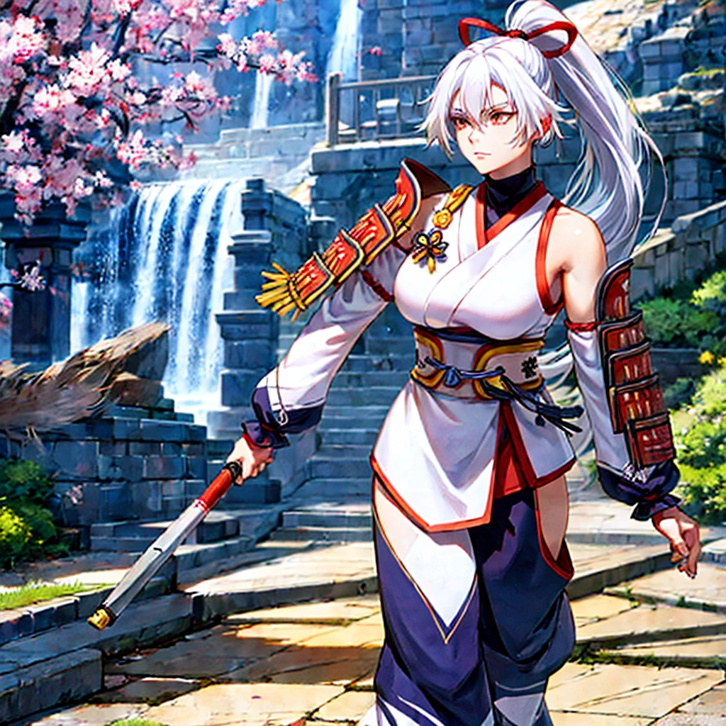 a woman wearing a white sleeveless samurai shirt, an orange samurai shoulder pad, dark blue samurai pants, white hair, ponytail hair, orange eyes, walking in an open area with a concrete floor, several sakura trees in the background, sakura leaves spreading around the place.HDR, ultra resolution, well defined, masterpiece, 8K HD. (solo woman)
