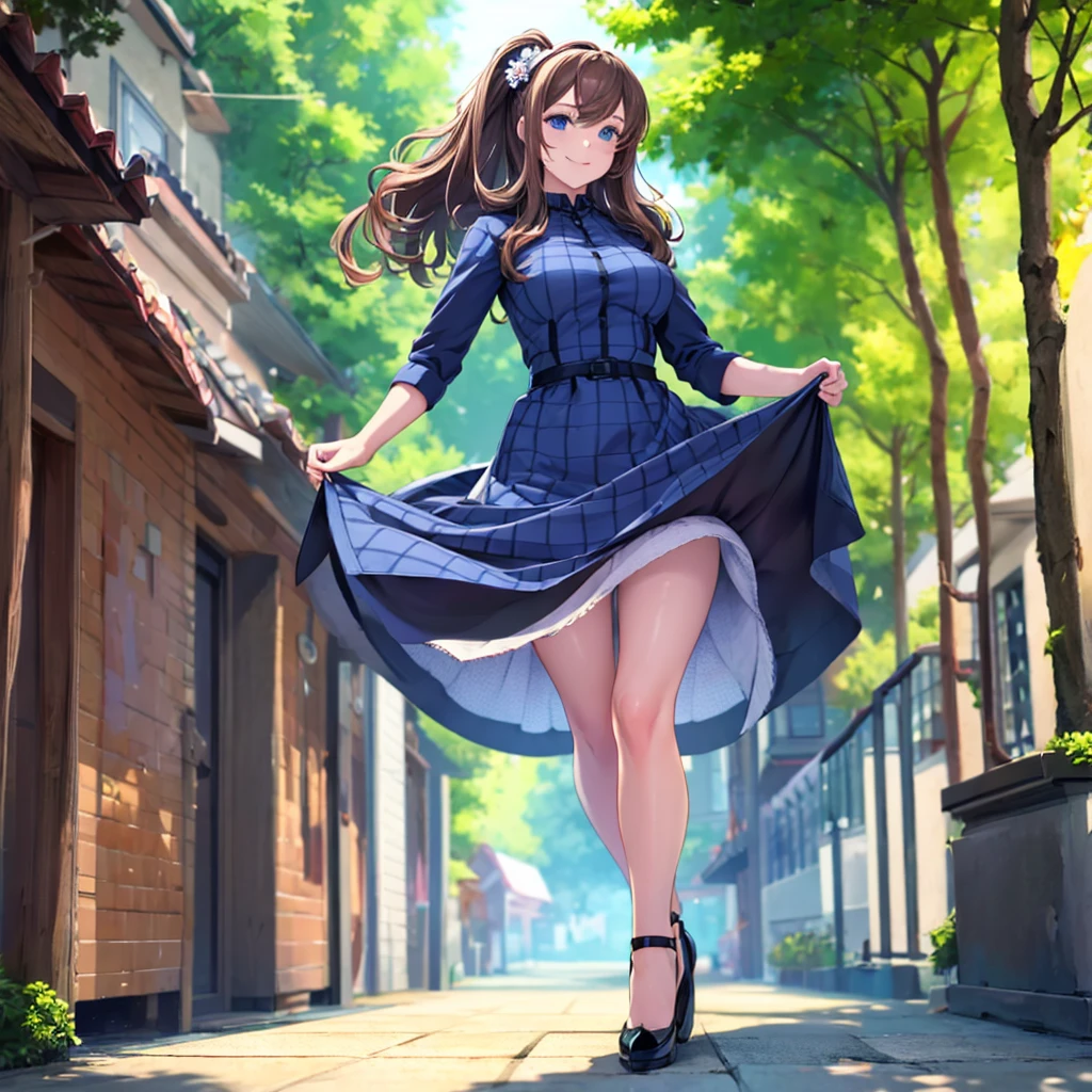 A woman wearing a dress with checkered fabric, sex dress, exposed leg, black heels, brown hair, a barrette in her hair, smiling blue eyes, walking on a platform, standing, shiny floor, outside of a building with trees around ,(solo woman),flower, UHD, masterpiece, accurate, anatomically correct, textured skin, super detail, high quality, best quality, 8k, high resolution, bokeh effect.
