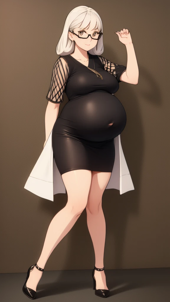 (Full body, glasses), An image of a pregnant girl with her belly on full display. She is a very voluptuous lady