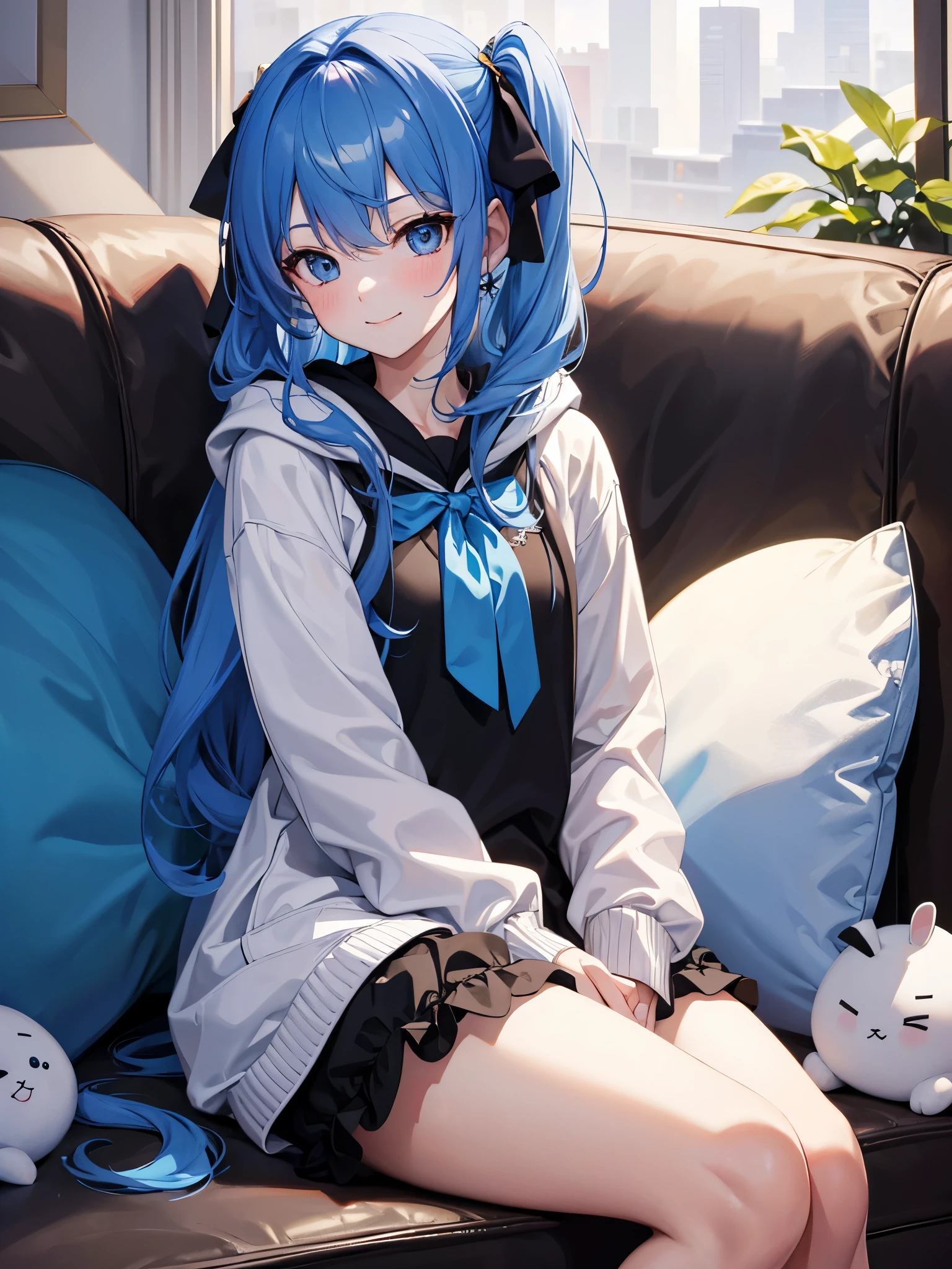 (*****, top-quality, 8K, masterpiece, Top image quality, Hi-Res, super detailing, Ultra HD, (Delicate and smooth skin, real looking skin, Perfect and beautiful face ,Perfect and cute face, high detail skin, Perfect limbs)), girl , blue eyes , blue hair , blue ribbon , blushing, hair ribbon , hood , one knee up , long hair , long sleeves , looking at viewer , looking to the side, pillow , rabbit stuffie, black short shorts , side ponytail , sidelocks , sitting on sofa, smile , solo , star symbol in eye , holding stuffed toy , white hoodie, hoshimachi suisei (hololive)