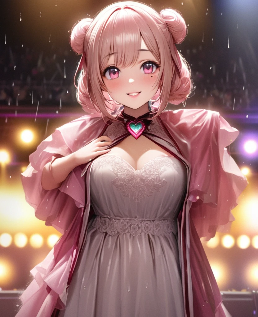 One Girl、Looking at the audience、lovely,
Beautiful pink eyes、Two brown double hair buns , Mole under the eye、Plump and glossy lips、Heart-shaped choca、Idol、Her name is May,smile、ー、。.。.。.。.。.。.。.。.。.。.。.。.。.。.。.。.。.。.3D、Realistic、
The idol's costume was soaked in the heavy rain, and her chest was wet and transparent.Heavy rain at outdoor concert, Drape clothes、gem、The decoration has been removed、Floral、Lace trim,On a glittering stage、
masterpiece、highest quality、8k、Detailed skin texture、Detailed cloth texture、Beautifully detailed face、Intricate details、Very detailed、
超A high resolution、8k Ultra HD、Film Grain、Best Shadow、delicate、Gazing at the audience、front
