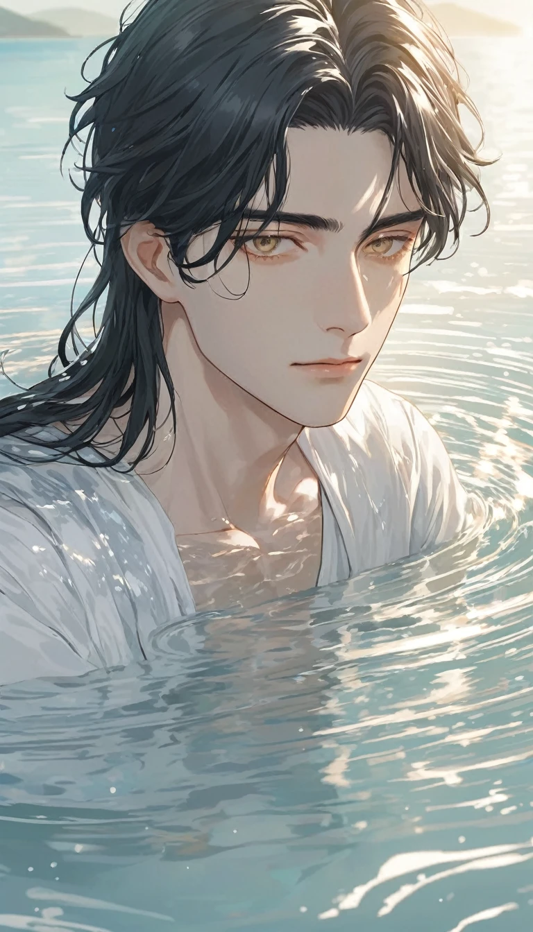 Anime-style male character in water, (long black hair:1.2), (gentle expression:1.1), gold eyes, white outfit noble, (rippling water effect around body:1.3), sunlight reflecting on water, clear sky, subtle water splashes, high-resolution digital art, soft color palette, tranquil atmosphere, (serene ocean background:1.1), realistic water texture
