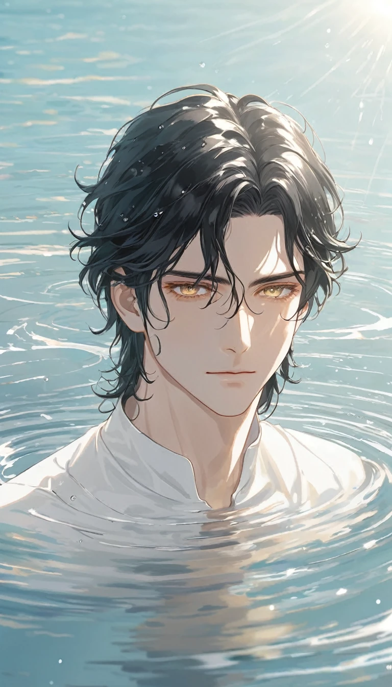 Anime-style male character in water, (long black hair:1.2), (gentle expression:1.1), gold eyes, white outfit noble, (rippling water effect around body:1.3), sunlight reflecting on water, clear sky, subtle water splashes, high-resolution digital art, soft color palette, tranquil atmosphere, (serene ocean background:1.1), realistic water texture