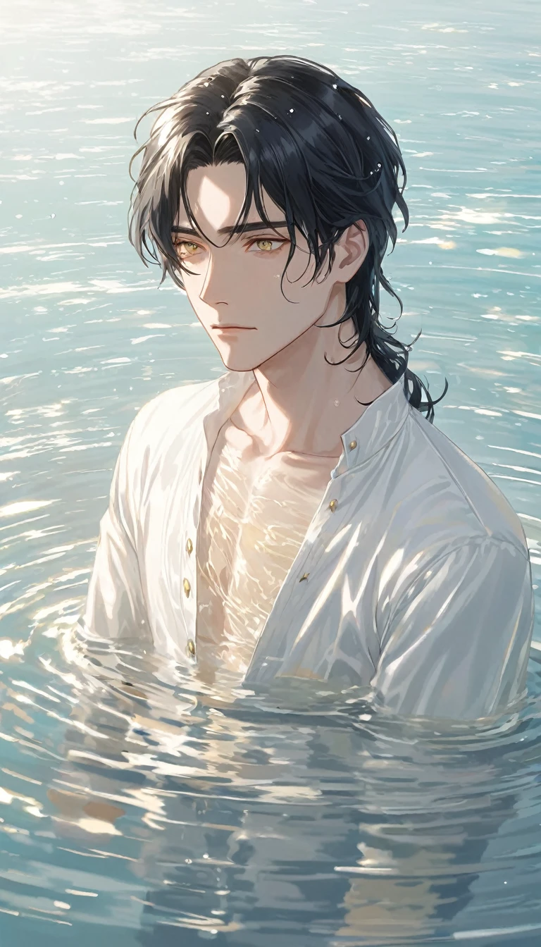 Anime-style male character in water, (long black hair:1.2), (gentle expression:1.1), gold eyes, white outfit noble, (rippling water effect around body:1.3), sunlight reflecting on water, clear sky, subtle water splashes, high-resolution digital art, soft color palette, tranquil atmosphere, (serene ocean background:1.1), realistic water texture