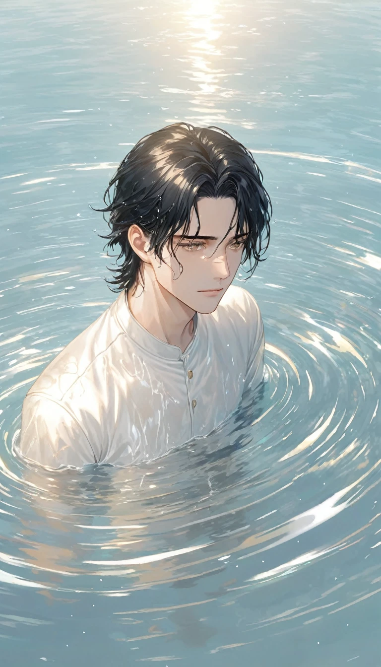 Anime-style male character in water, (long black hair:1.2), (gentle expression:1.1), gold eyes, white outfit noble, (rippling water effect around body:1.3), sunlight reflecting on water, clear sky, subtle water splashes, high-resolution digital art, soft color palette, tranquil atmosphere, (serene ocean background:1.1), realistic water texture
