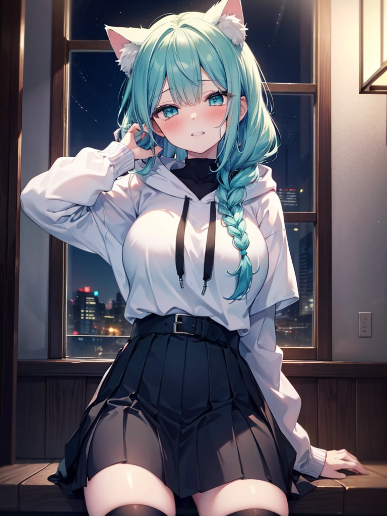 ((masterpiece)), ((best quality)), ((8K)), high resolution, 1girl, cat ears, night, hoodie, skirt, kneehighs, looking up, green eye, aqua and blue hair, long hair, braid, pale skin, large breasts, blush, half closed eyes, teeth, smugness, dress