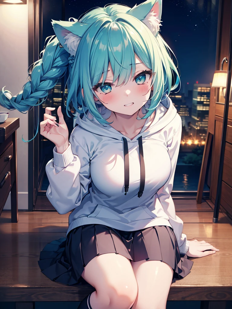Hatsune Miku wearing a white one-piece dress with an off-the-shoulder look, sitting in nature with a blue sky in the background, in the style of Makoto Shinkai。