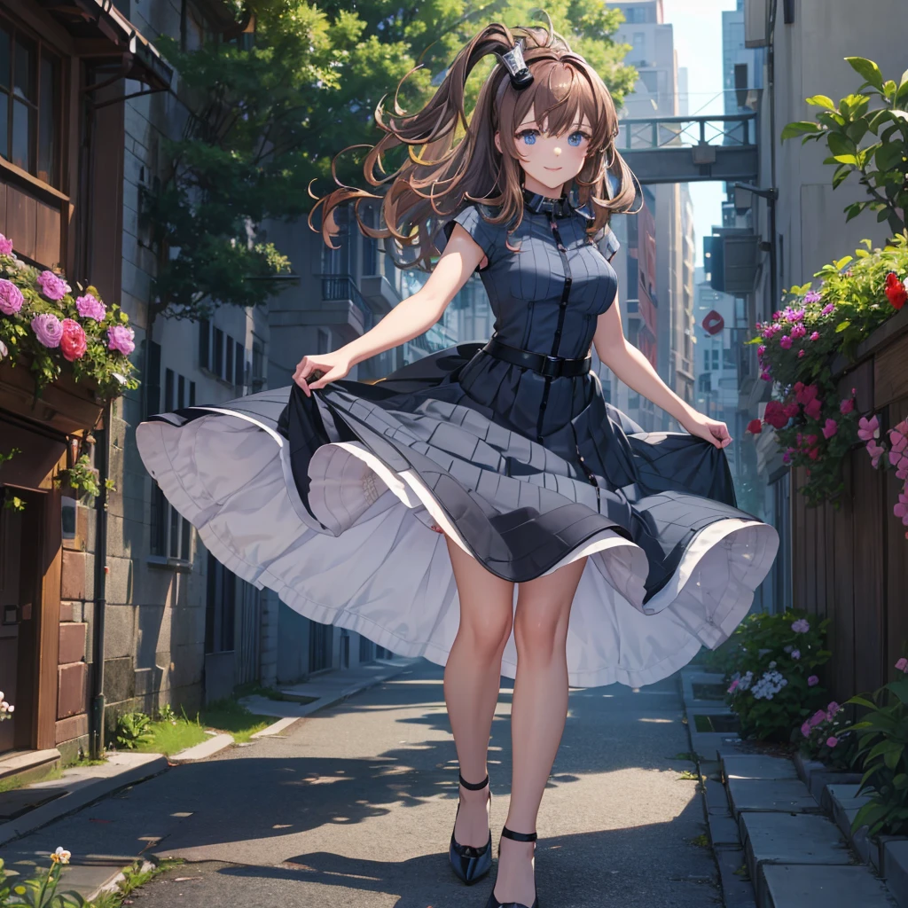 A woman wearing a dress with checkered fabric, sex dress, exposed leg, black heels, brown hair, a barrette in her hair, smiling blue eyes, walking on a platform, standing, shiny floor, outside of a building with trees around ,(solo woman),flower, UHD, masterpiece, accurate, anatomically correct, textured skin, super detail, high quality, best quality, 8k, high resolution, bokeh effect.
