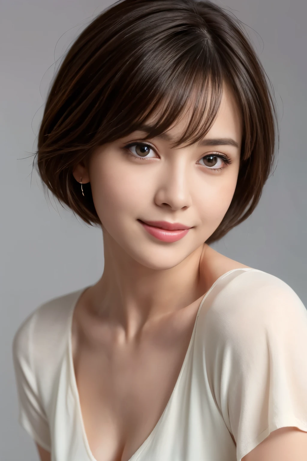 Highest quality, Realistic, Super detailed, High resolution, Plain background, 8k wallpaper, One beautiful woman, short hair, V-neck shirt, Sharp Focus, Perfect and dynamic composition, Beautiful Eyes, Delicate hair, smile, Close-up portrait, Model Body Type, View your viewers
