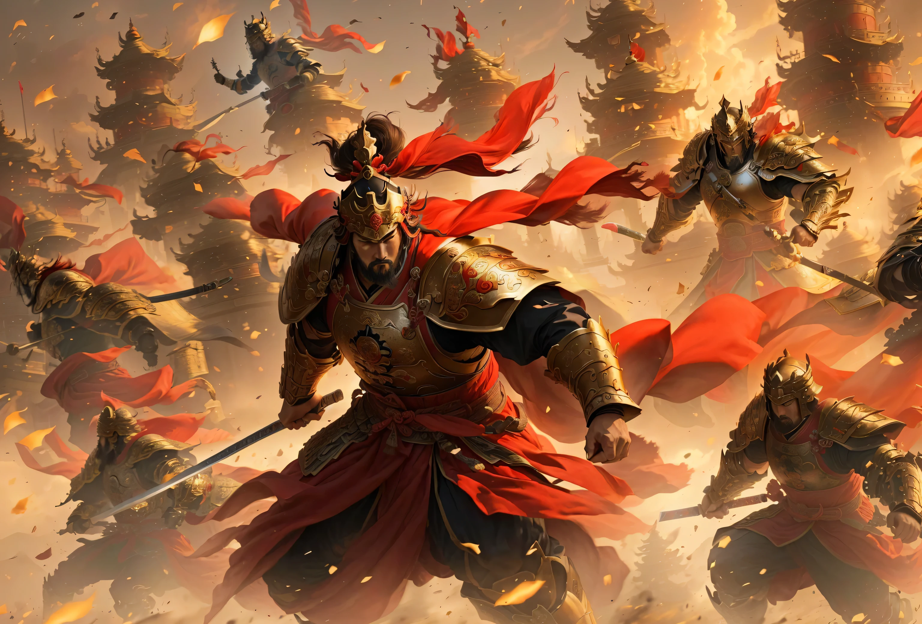 There are many people wearing armor、Man in red cape, China Three Kingdoms, Guan Yu, chinese warrior, 3840x2160, 3840 x 2160, author：Yang J, Dynasty Warriors, from three kingdoms, Inspired by Ma, Emperor Xuande, zhao yun, phone wallpaper