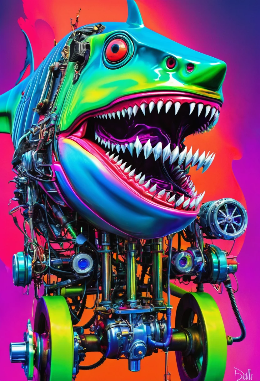 peixe colorido peixe tubarão zombie robot metal big dangerous shark jaws color synthwave neon retro ,peixe colorido peixe tubarão zombie robot metal big dangerous shark jaws color surrealism Salvador Dali matte background melting oil on canvas steampunk engine
