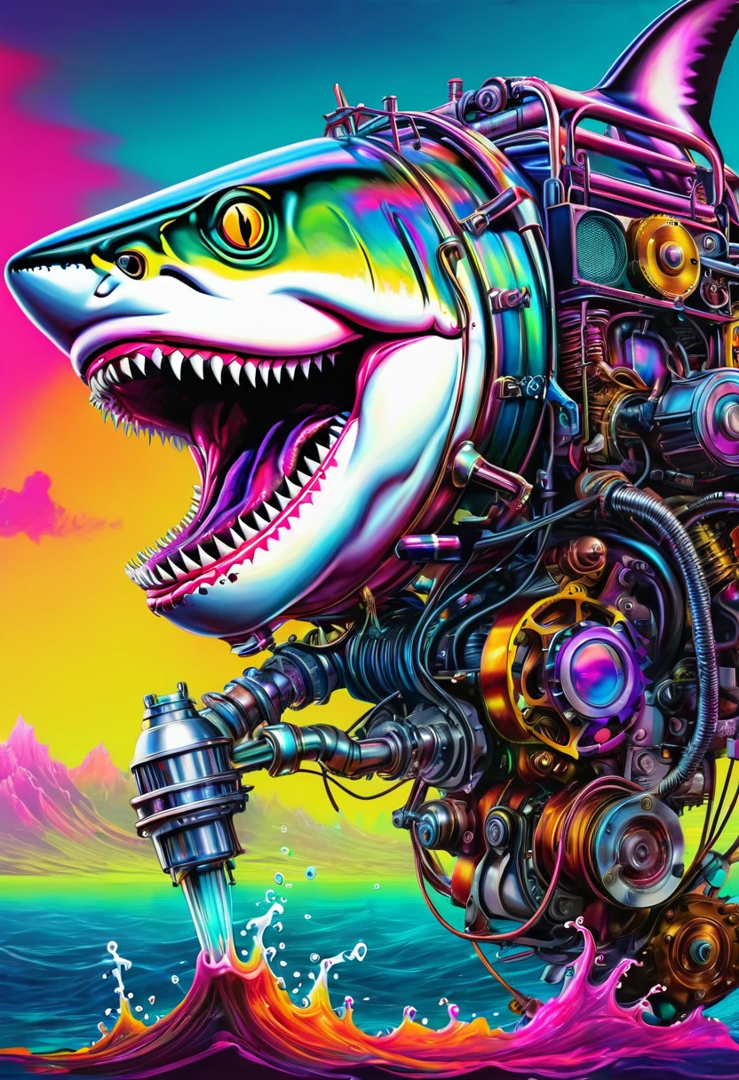  peixe colorido peixe tubarão zombie robot metal big dangerous shark jaws color synthwave neon retro     ,peixe colorido peixe tubarão zombie robot metal  big dangerous shark jaws  color surrealism Salvador Dali matte background melting oil on canvas steampunk engine