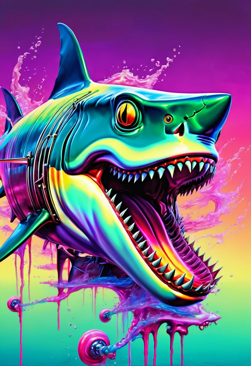 peixe colorido peixe tubarão zombie robot metal big dangerous shark jaws color synthwave neon retro ,peixe colorido peixe tubarão zombie robot metal big dangerous shark jaws color surrealism Salvador Dali matte background melting oil on canvas steampunk engine