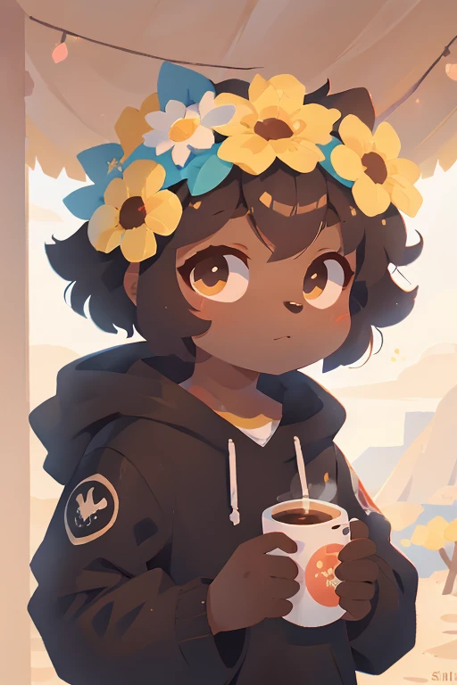 (coffee soda:1.1), hioshiru, raposa, femboy, olhos azuis celestes, pele multicolorida, Pelo branco, dark brown fur, pelo preto, vestindo um moletom, Sozinho, Flower on head