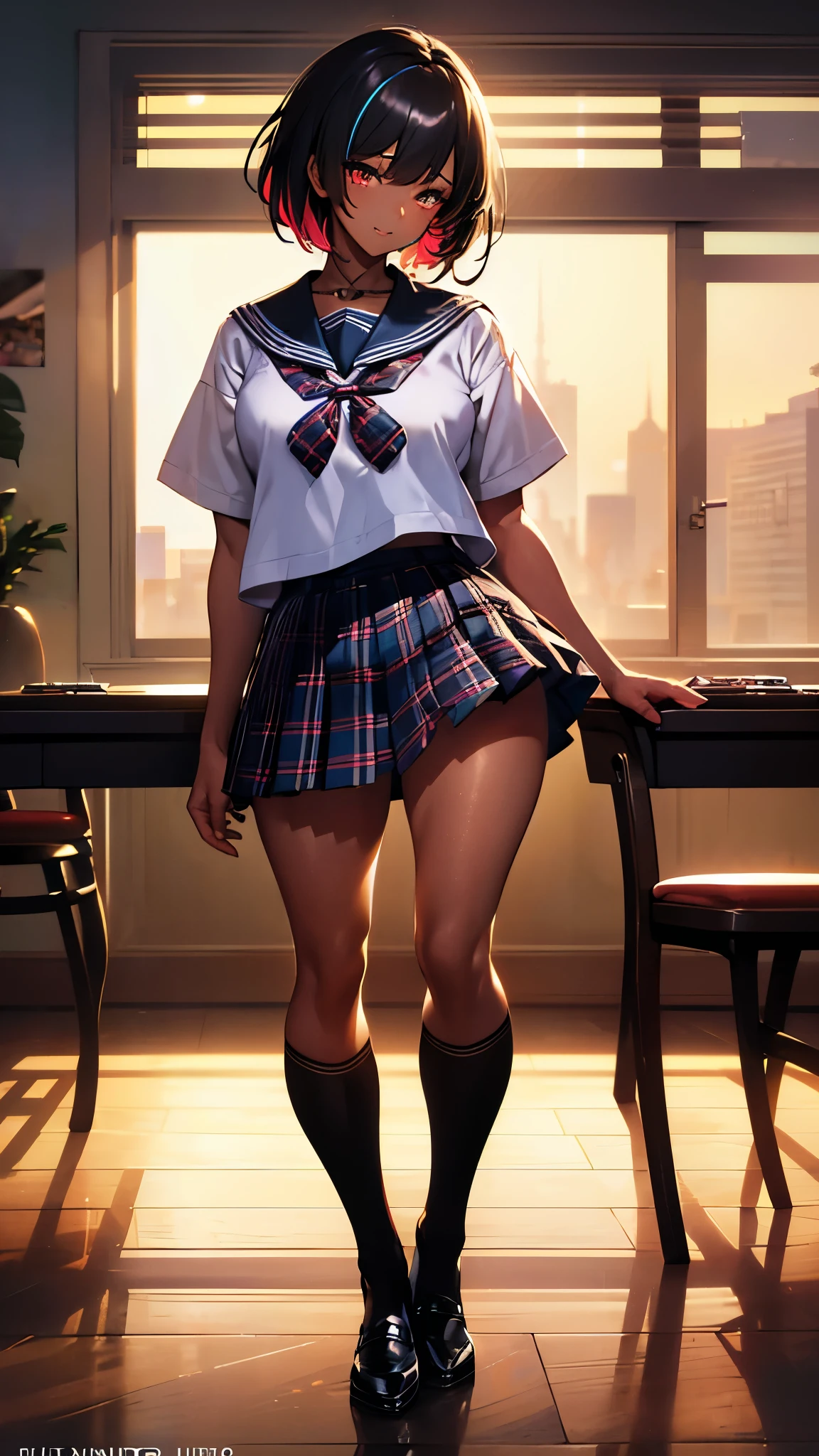 ((masterpiece)),(perfect anatomy),((best quality)),((ultra-detailed)),(illustration),(high resolution),((Latina)),((strong dark skin)),((gyaru)),((stylish)),((gorgeous)),((semirealistic)),((dark skinned girl)),((Feminine)),(((comic aun))),(((misaki kurehito))),((dutch angle,standing,various shot)),(perfect hands),(delicate and beautiful),(beautiful detailed eyes),female only,8k wallpaper,(high quality artwork),detailed face,beatiful face,((misaki kurehito like face)),masterwork,best quality,incredibly absurdres,hyper intricate,extremely detailed girl,vibrant eyes,ray tracing,((vibrant colors)),detailed legs,((detailed sailor style school uniform)),((detailed black socks)),((mini pleated tartan check skirt)),smirk,indoors,school background,extreamy,sunshine,((multicolored streaked very short hair)),((various very short pixie hair)),highest quality,80mm,ultra detailed,8k,4k,intricate,highly detailed,ambient light3,cinematic composition3,HDR,Accent Lighting,original,highres