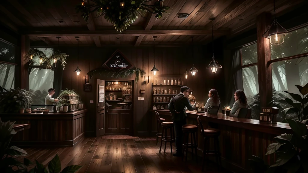 pitch black forest cafe, moody interior, dim lighting, wooden furniture, rustic decor, lush greenery, nature-inspired, atmospheric, cozy, inviting, customers enjoying coffee and desserts, barista preparing drinks, detailed scene