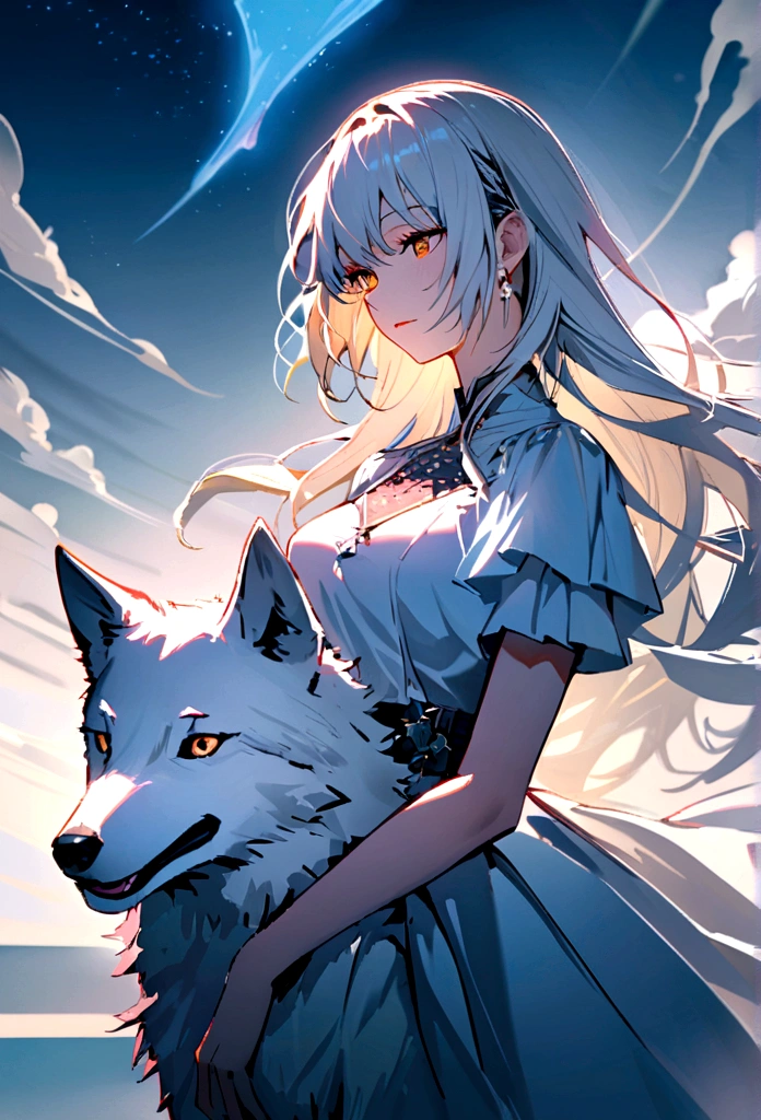 Create a stunning oil painting of a girl with long white hair and her white wolf, the atmosphere is serene aesthetically