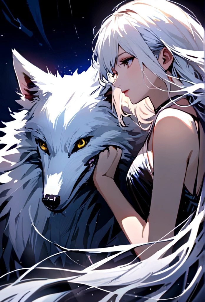 Create a stunning oil painting of a girl with long white hair and her white wolf, the atmosphere is serene aesthetically