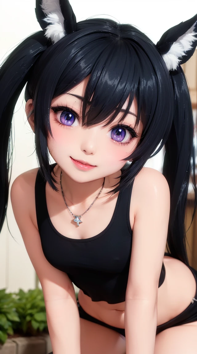 (masterpiece:1.3), (Best Quality:1.3), (Ultra-detailed:1.2), ((kawaii)), Cute, (lovely), ((sexy)), ((Extremely detailed)), 4K, (8K), Best Quality, (Beautiful), Illustration, anime style, (bold line:1.2), Gradation, looking at viewer, //, (bent down:1.1), (arms behind back), //, a cute girl, 1girl, (solo:1.2), gleaming skin, //, (flat chested), (Perfect eyes:1.2), (Perfect iris:1.2), //, darkblue hair color, (beautiful eyes) //, (half closed eyes:1.3), (sexual expression:1.2), Fascinated expression, smile, (blush:1.2), //, modern city background, on rock, twin tails, muscle girl, hard abs, exposed abs, NECKLACE, tank top, pantsu