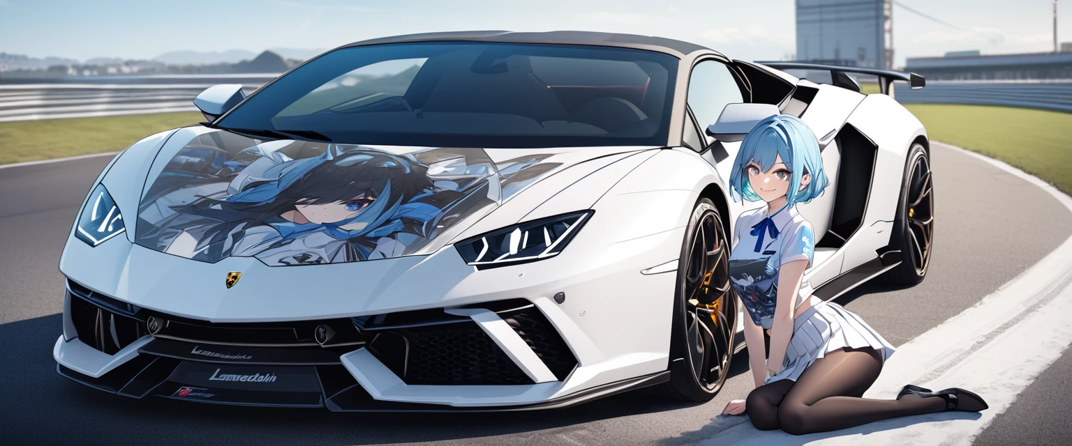 (Highest quality、Very detailed、Very detailed and beautiful、Ultra-high resolution) 、((A sports car with an anime girl printed on the hood))、((Lamborghini)), Blue-haired 、{Light Hair、Short Bob Hair}, ,{Dark Blue Blazer、White shirt、Blue ribbon、White pleated skirt、pantyhose}、smile
