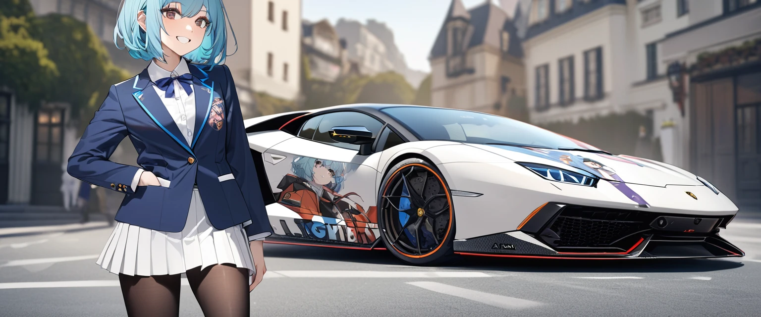 (Highest quality、Very detailed、Very detailed and beautiful、Ultra-high resolution) 、((A sports car with an anime girl printed on the hood))、((Lamborghini)), Blue-haired 、{Light Hair、Short Bob Hair}, ,{Dark Blue Blazer、White shirt、Blue ribbon、White pleated skirt、pantyhose}、smile