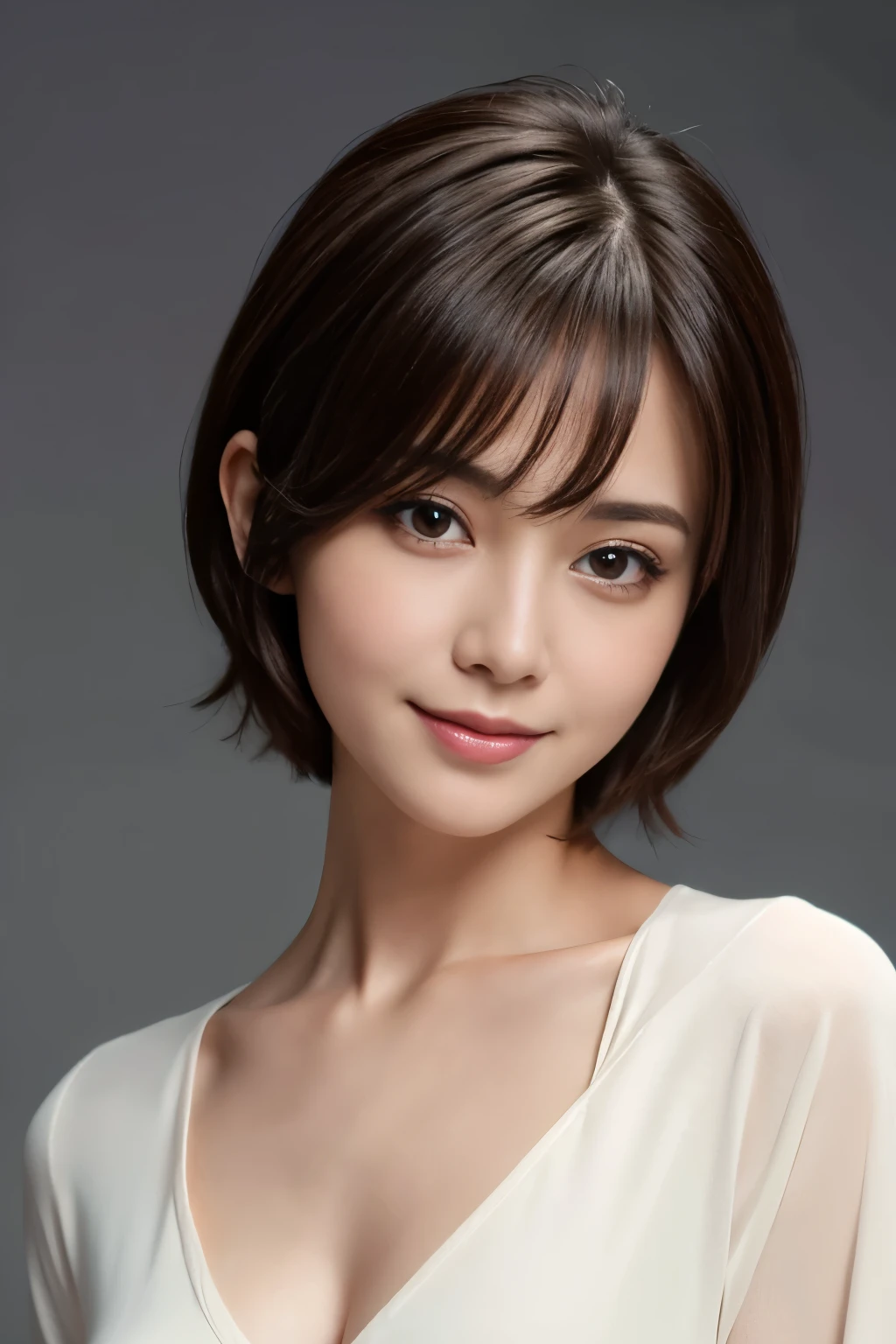 Highest quality, Realistic, Super detailed, High resolution, Plain background, 8k wallpaper, One beautiful woman, short hair, V-neck shirt, Sharp Focus, Perfect and dynamic composition, Beautiful Eyes, Delicate hair, smile, Close-up portrait, Model Body Type, View your viewers