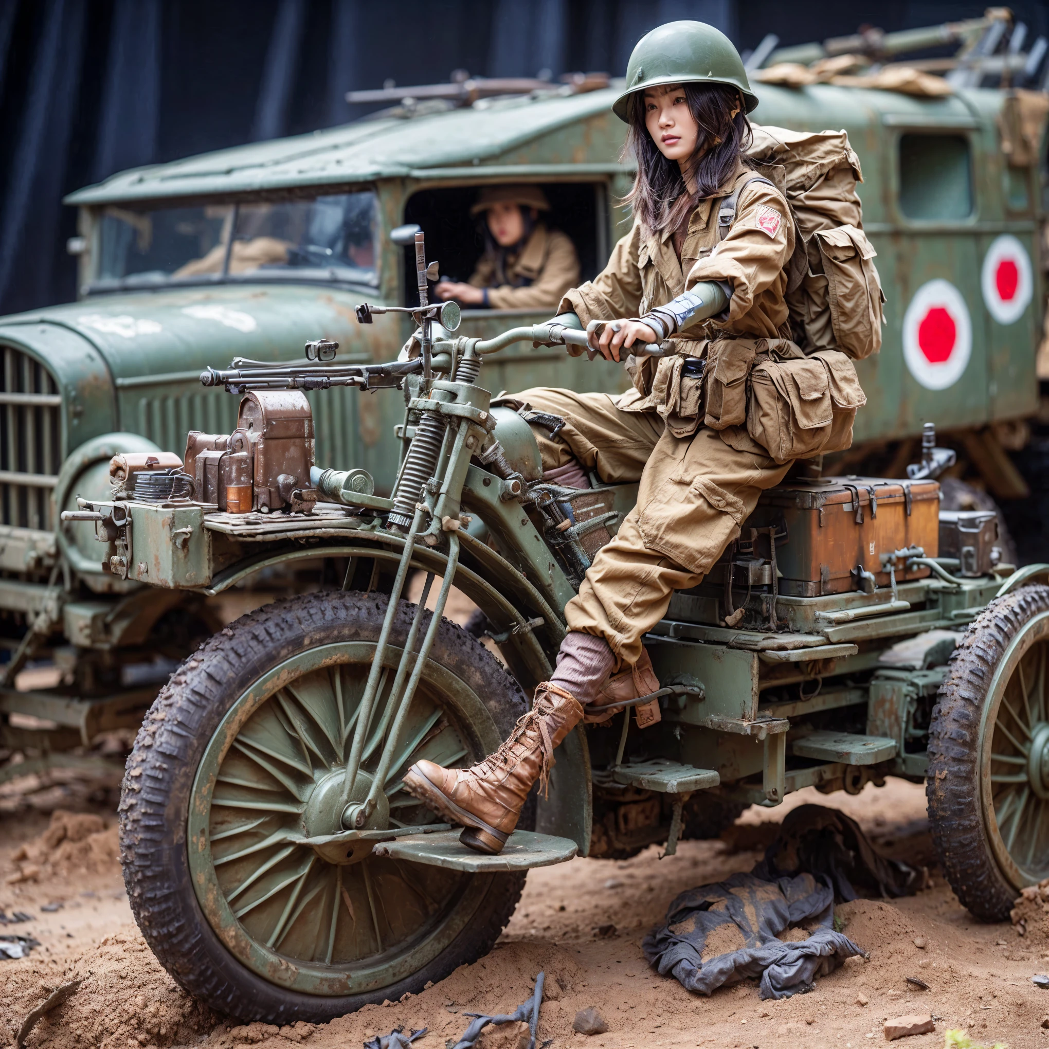 (masterpiece, best quality:1.2), (8k uhd, 16k, 32k, ultra high res), Steampunk, fictional WWII former Japanese Imperial Army armored car and cyborg Japanese female soldier, beautiful face, torn pants, dirty clothes, very intricate details, olive drab paint, peeling paint, weathering, fortress attack, realistic photo, taken with Fuji film X-T30+Nokton. HDR10