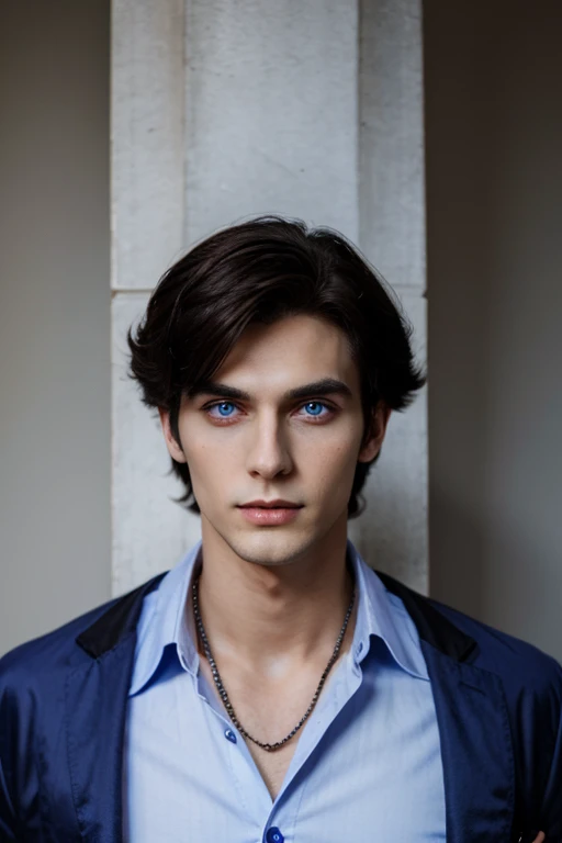 Young and tall lovely vampire man with big indigo eyes