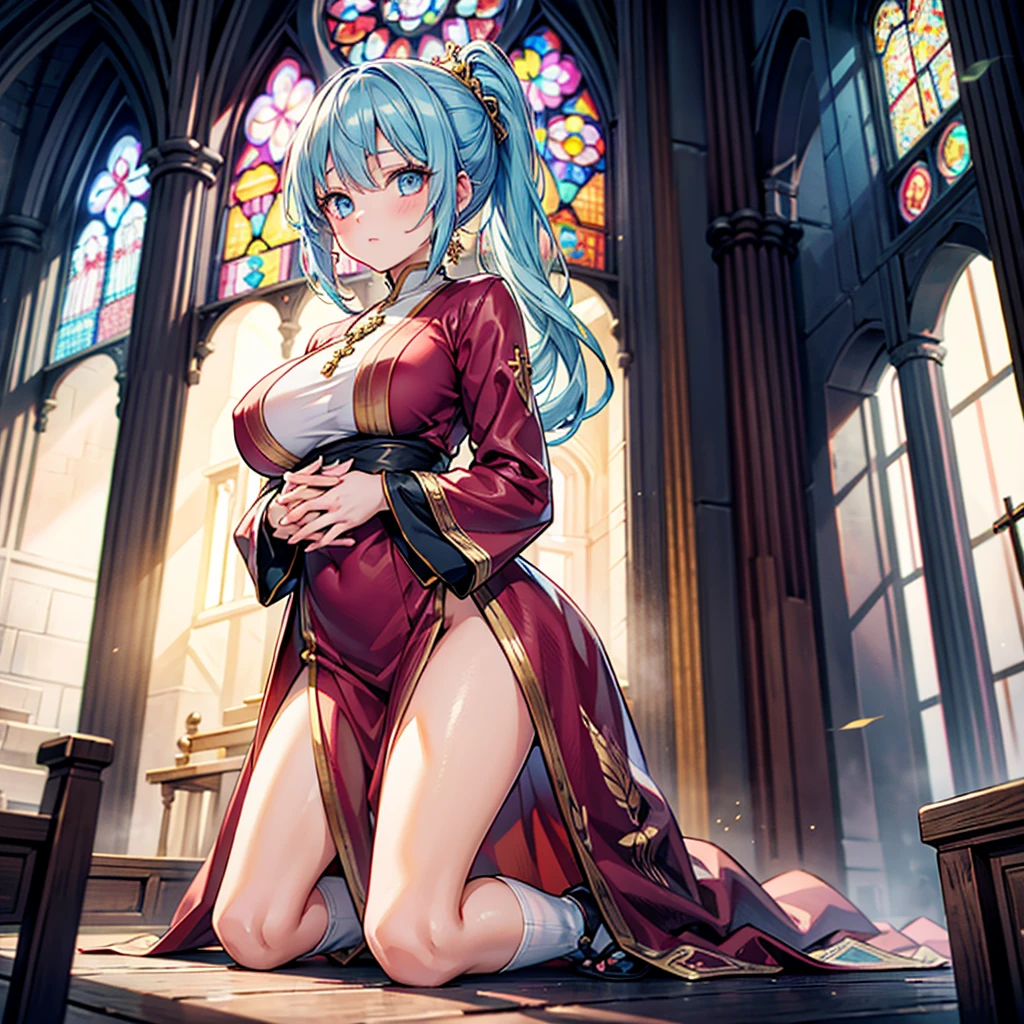 Anime Moe Art Style,Highest quality,High resolution,Anatomically correct,One Girl,Mid-teens,A girl with light blue hair in a ponytail,Super detailed,Fantasy World,Sister,Monastic Clothes,Big Breasts,Shiny skin,Beautiful Skin,A rich expression,church,fold your hands in front of your chest,,Kneel and pray to God,Eyes drawn in detail,Gold Rosary,8K