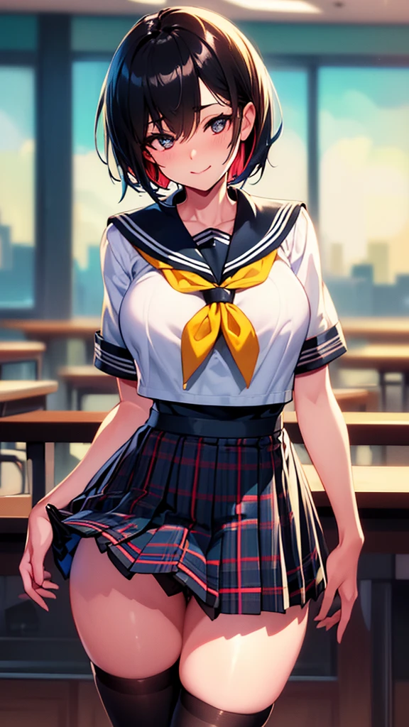 ((masterpiece)),(perfect anatomy),((best quality)),((ultra-detailed)),(illustration),(high resolution),((Latina)),((strong dark skin)),((gyaru)),((stylish)),((gorgeous)),((semirealistic)),((dark skinned girl)),((Feminine)),(((comic aun))),(((misaki kurehito))),((dutch angle,standing,various shot)),(perfect hands),(delicate and beautiful),(beautiful detailed eyes),female only,8k wallpaper,(high quality artwork),detailed face,beatiful face,((misaki kurehito like face)),masterwork,best quality,incredibly absurdres,hyper intricate,extremely detailed girl,vibrant eyes,ray tracing,((vibrant colors)),detailed legs,((detailed sailor style school uniform)),((detailed black socks)),((mini pleated tartan check skirt)),smirk,indoors,school background,extreamy,sunshine,((multicolored streaked very short hair)),((various very short pixie hair)),highest quality,80mm,ultra detailed,8k,4k,intricate,highly detailed,ambient light3,cinematic composition3,HDR,Accent Lighting,original,highres
