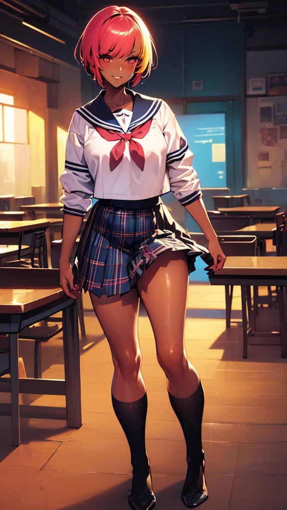 ((masterpiece)),(perfect anatomy),((best quality)),((ultra-detailed)),(illustration),(high resolution),((Latina)),((strong dark skin)),((gyaru)),((stylish)),((gorgeous)),((semirealistic)),((dark skinned girl)),((Feminine)),(((comic aun))),(((misaki kurehito))),((dutch angle,standing,various shot)),(perfect hands),(delicate and beautiful),(beautiful detailed eyes),female only,8k wallpaper,(high quality artwork),detailed face,beatiful face,((misaki kurehito like face)),masterwork,best quality,incredibly absurdres,hyper intricate,extremely detailed girl,vibrant eyes,ray tracing,((vibrant colors)),detailed legs,((detailed sailor style school uniform)),((detailed black socks)),((mini pleated tartan check skirt)),smirk,indoors,school background,extreamy,sunshine,((multicolored streaked very short hair)),((various very short pixie hair)),highest quality,80mm,ultra detailed,8k,4k,intricate,highly detailed,ambient light3,cinematic composition3,HDR,Accent Lighting,original,highres