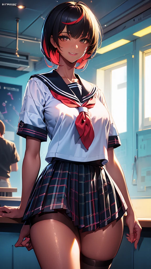 ((masterpiece)),(perfect anatomy),((best quality)),((ultra-detailed)),(illustration),(high resolution),((Latina)),((strong dark skin)),((gyaru)),((stylish)),((gorgeous)),((semirealistic)),((dark skinned girl)),((Feminine)),(((comic aun))),(((misaki kurehito))),((dutch angle,standing,various shot)),(perfect hands),(delicate and beautiful),(beautiful detailed eyes),female only,8k wallpaper,(high quality artwork),detailed face,beatiful face,((misaki kurehito like face)),masterwork,best quality,incredibly absurdres,hyper intricate,extremely detailed girl,vibrant eyes,ray tracing,((vibrant colors)),detailed legs,((detailed sailor style school uniform)),((detailed black socks)),((mini pleated tartan check skirt)),smirk,indoors,school background,extreamy,sunshine,((multicolored streaked very short hair)),((various very short pixie hair)),highest quality,80mm,ultra detailed,8k,4k,intricate,highly detailed,ambient light3,cinematic composition3,HDR,Accent Lighting,original,highres
