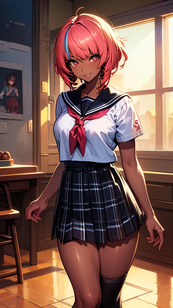 ((masterpiece)),(perfect anatomy),((best quality)),((ultra-detailed)),(illustration),(high resolution),((Latina)),((strong dark skin)),((gyaru)),((stylish)),((gorgeous)),((semirealistic)),((dark skinned girl)),((Feminine)),(((comic aun))),(((misaki kurehito))),((dutch angle,standing,various shot)),(perfect hands),(delicate and beautiful),(beautiful detailed eyes),female only,8k wallpaper,(high quality artwork),detailed face,beatiful face,((misaki kurehito like face)),masterwork,best quality,incredibly absurdres,hyper intricate,extremely detailed girl,vibrant eyes,ray tracing,((vibrant colors)),detailed legs,((detailed sailor style school uniform)),((detailed black socks)),((mini pleated tartan check skirt)),smirk,indoors,school background,extreamy,sunshine,((multicolored streaked very short hair)),((various very short pixie hair)),highest quality,80mm,ultra detailed,8k,4k,intricate,highly detailed,ambient light3,cinematic composition3,HDR,Accent Lighting,original,highres