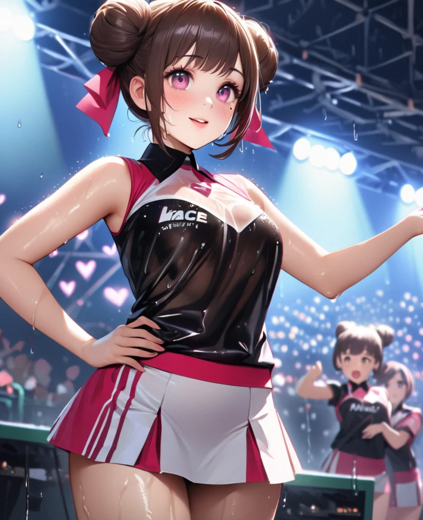 One Girl、Looking at the audience、lovely,
Beautiful pink eyes、Two brown double hair buns , Mole under the eye、Plump and glossy lips、Heart-shaped choca、Dance team uniforms, mini skirt、Her name is May,smile、ー、。.。.。.。.。.。.。.。.。.。.。.。.。.。.。.。.。.。.3D、Realistic、
Dance team uniforms was soaked in the heavy rain, and her chest was wet and transparent.Heavy rain at outdoor concert, Drape clothes、gem、The decoration has been removed、Floral、Lace trim,On a glittering stage、
masterpiece、highest quality、8k、Detailed skin texture、Detailed cloth texture、Beautifully detailed face、Intricate details、Very detailed、
超A high resolution、8k Ultra HD、Film Grain、Best Shadow、delicate、Gazing at the audience、front