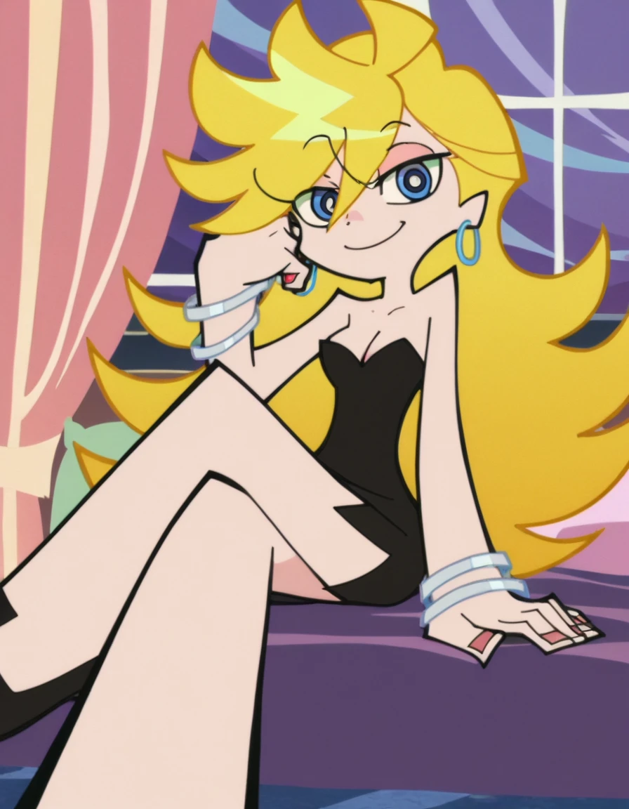 p&s style, rating_safe, score_10, sharp, anime screencap, flat shadows, flat colors, panty, blonde hair, strapless, little black sleeveless, dress, hoop earrings, sliver bracelets, bare shoulders, cleavage, panty’s indoor bedroom, curtains, outdoor window of night skies, smile, blue eyes, sitting down on her bed, legs crossed, in the center, looking at viewer, 1 girl, solo,