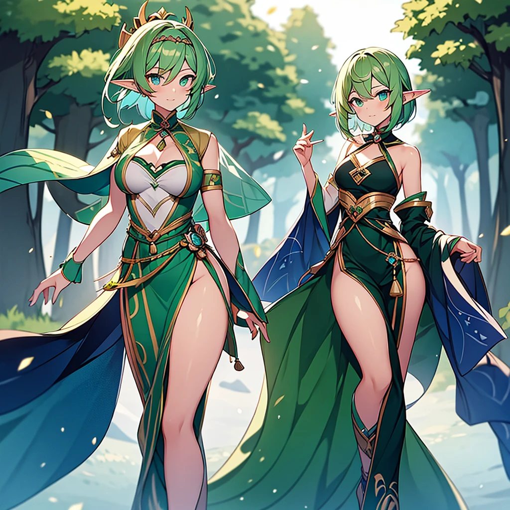 Pretty, beautiful, elf girl, elf, green hair, short hair, pretty hair, beautiful body, genshin impact design, fashion, fashion design, genshin impact, video game, full body, pretty face, starry clothes.