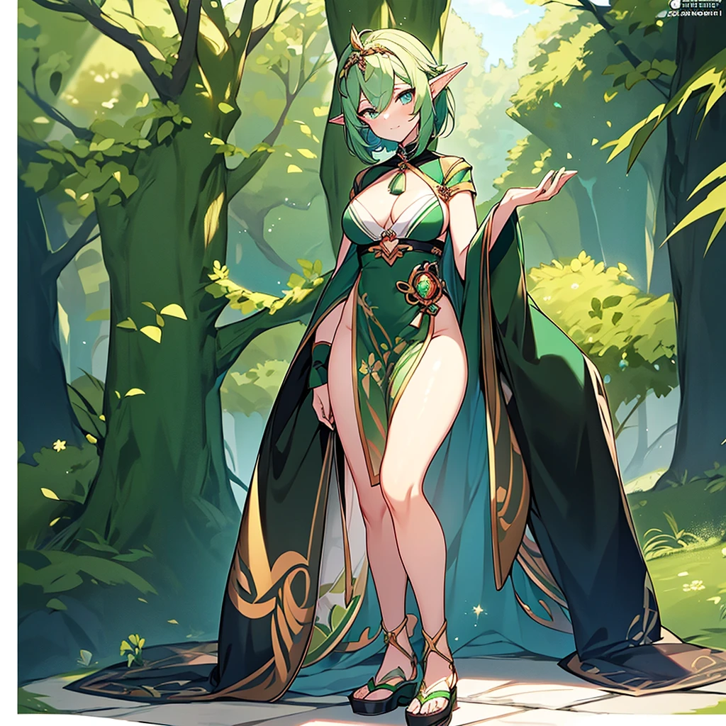 Pretty, beautiful, elf girl, elf, green hair, short hair, pretty hair, beautiful body, genshin impact design, fashion, fashion design, genshin impact, video game, full body, pretty face, starry clothes.