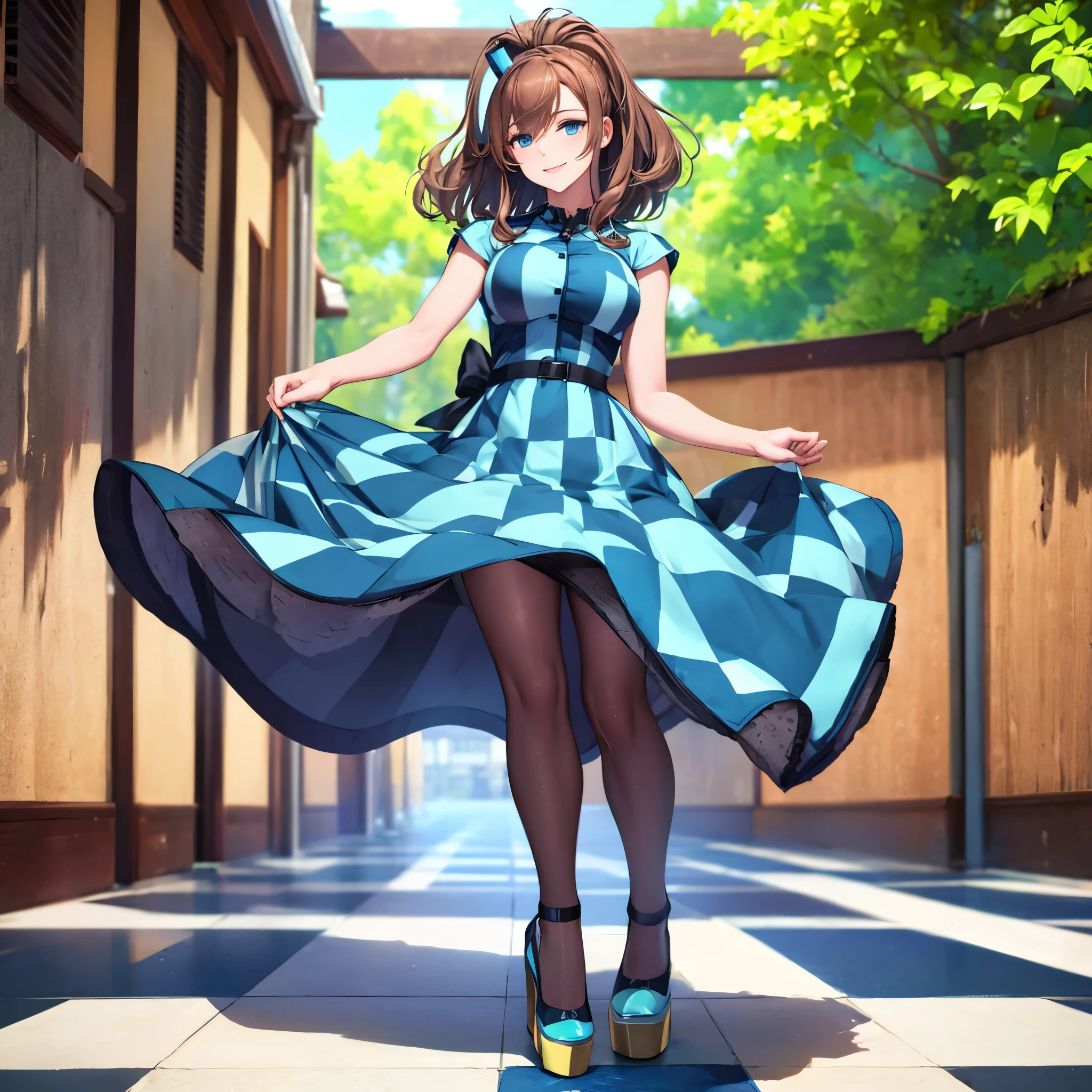 A woman wearing a dress with checkered fabric, sex dress, exposed leg, black heels, brown hair, a barrette in her hair, smiling blue eyes, walking on a platform, standing, shiny floor, outside of a building with trees around ,(solo woman),flower, UHD, masterpiece, accurate, anatomically correct, textured skin, super detail, high quality, best quality, 8k, high resolution, bokeh effect.
