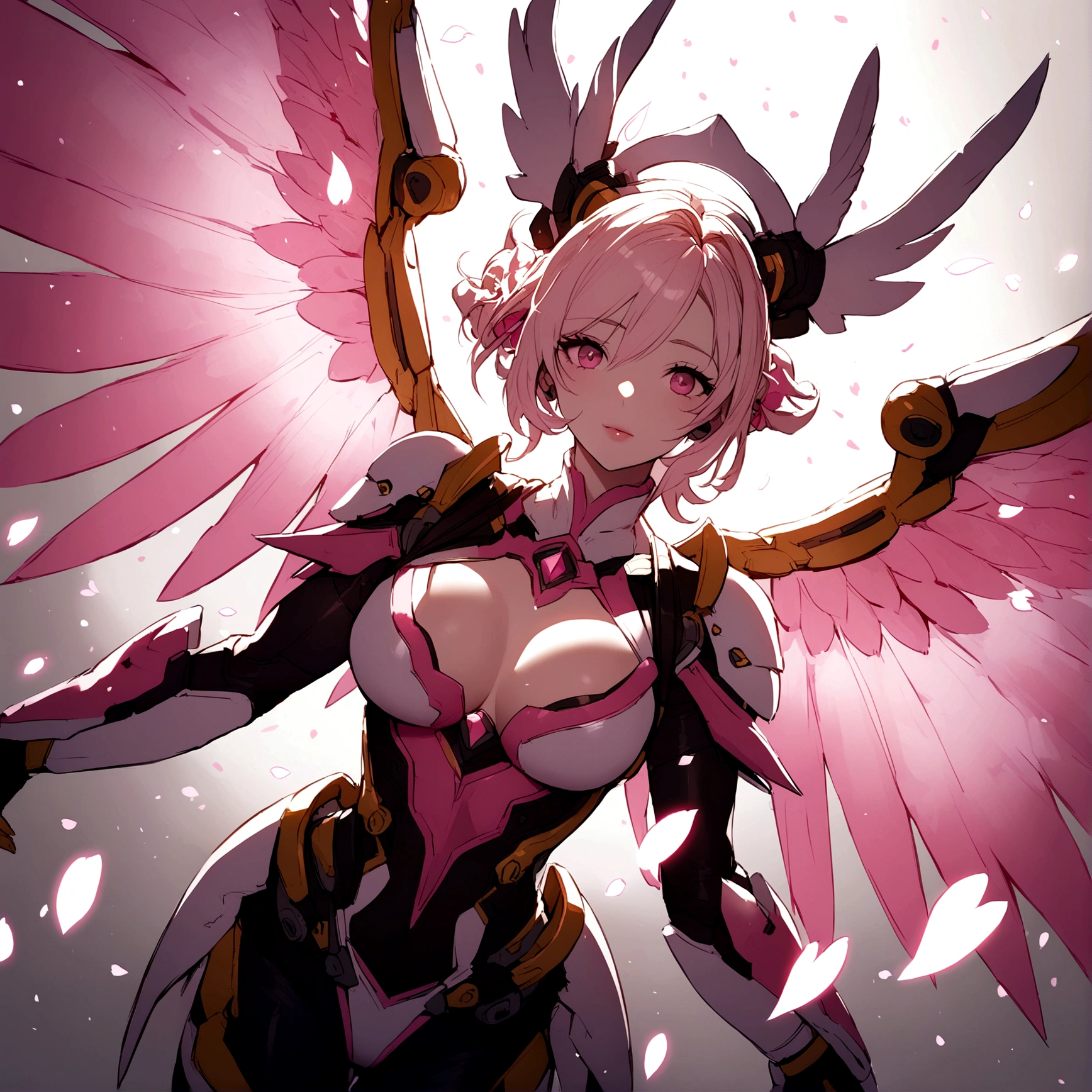 Pink mercy with long hair from overwatch surrounded by cherry blossoms in flight