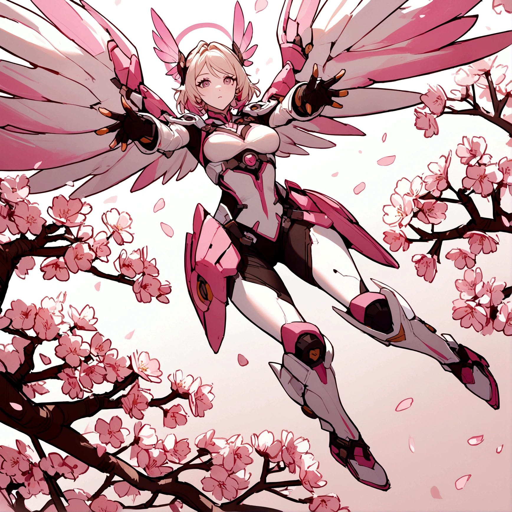 Pink mercy from overwatch surrounded by cherry blossoms in flight