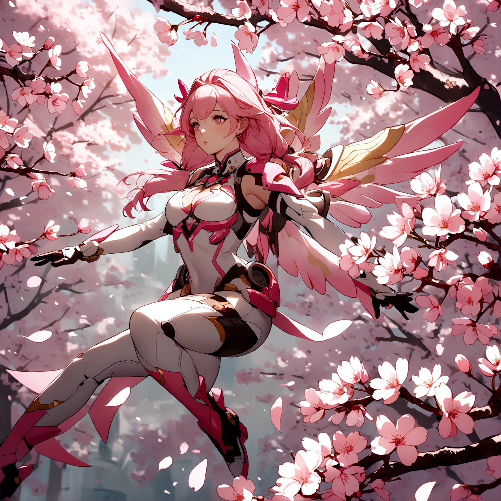 Pink mercy from overwatch surrounded by cherry blossoms in flight