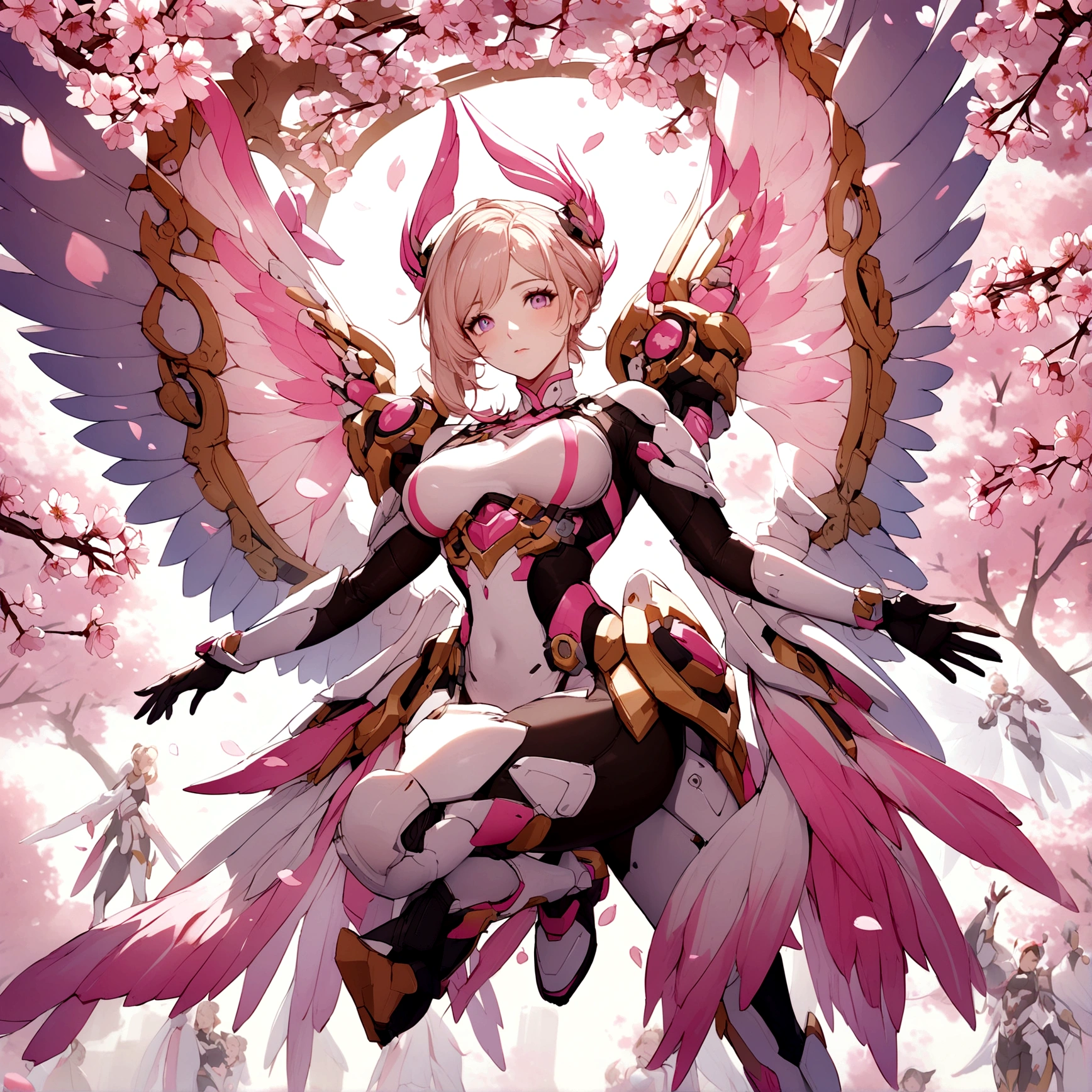 Pink mercy from overwatch surrounded by cherry blossoms in flight
