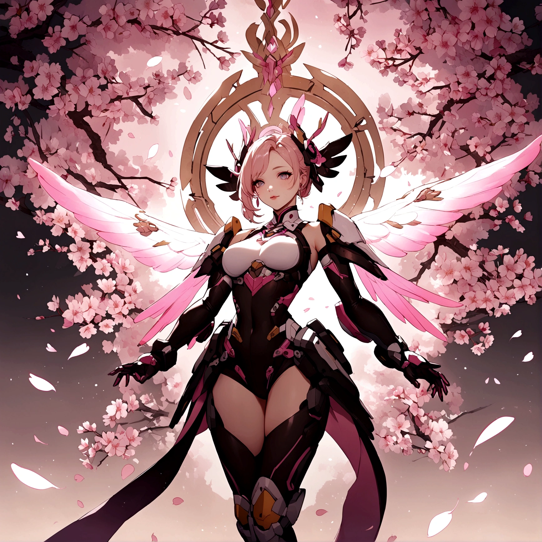 Pink mercy from overwatch surrounded by cherry blossoms in flight