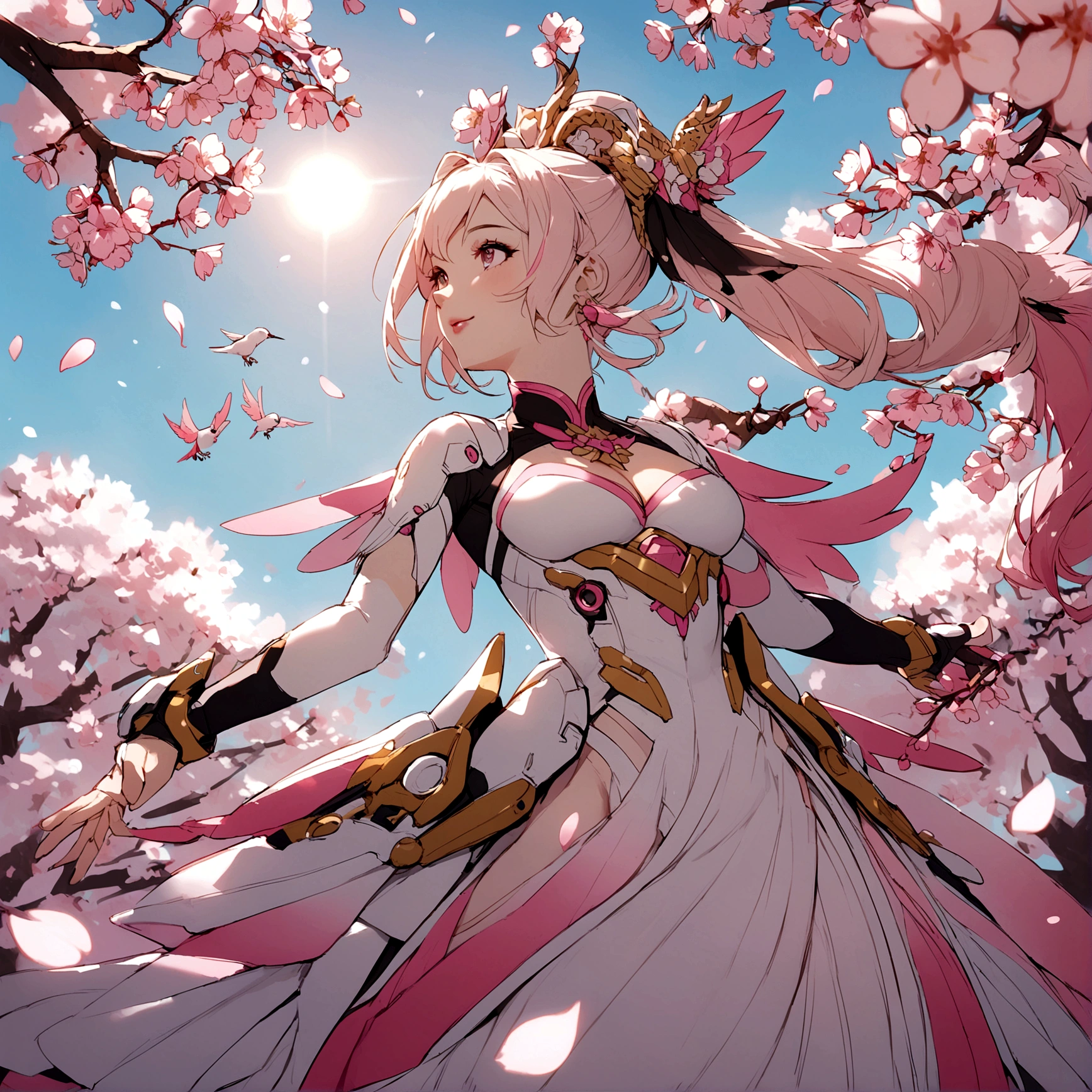 Pink mercy from overwatch surrounded by cherry blossoms in flight