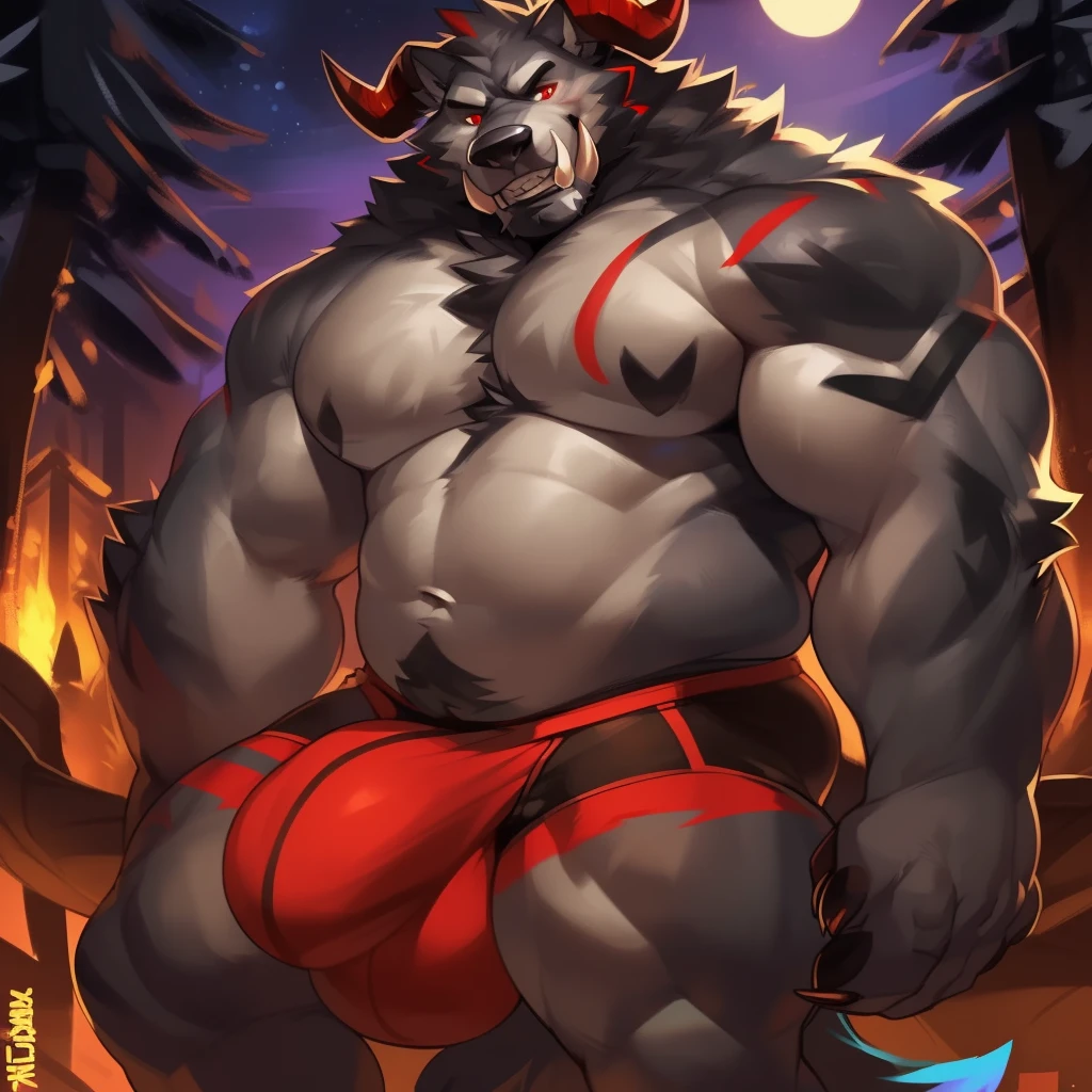 Solo, male (((giant, tall, wolf, werewolf, red eyes, grey body, Muscular, broad shoulders, hyper pecs, huge pecs, huge muscles, muscular arms, muscular thighs, abs, 6 pack, sharp teeth, black chest hair, black nose, tail, tusks, clawed hands, clawed feet, big tusks, horns, big horns, body marking, red markings, black claws, scruffy cheeks, huge bulge))) forest, night, standing ((male focus, focus wolf, focus tusks, focus teeth)) rubbing stomach, detailed hands, detailed eyes, detailed face, detailed teeth, detailed tusks, detailed arms, detailed abs, detailed bulge, detailed snout, briefs, black briefs, big briefs, accurate tusk placement, perfect anatomy, by darkgem, by mystikfox61, by glitter trap boy