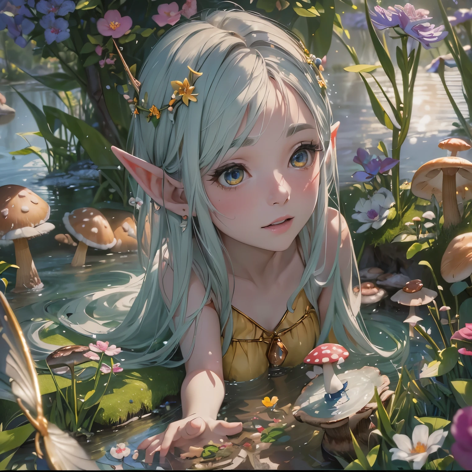 (best quality,4k,8k,highres,masterpiece:1.2),ultra-detailed,(realistic,photorealistic,photo-realistic:1.37)little elf, surrounded by fairies and points of light, in a flower field, lake, water, with mushrooms, and flying petals, magic, charm, next to a unicorn